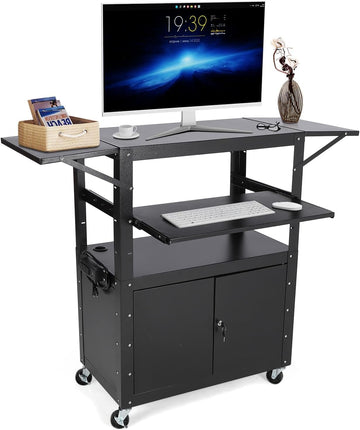 Carrello AV mobile Garvee con mobiletto bloccabile, altezza regolabile, supporto per laptop, acciaio, postazione di lavoro mobile, spazio di archiviazione, ideale per uffici, nero