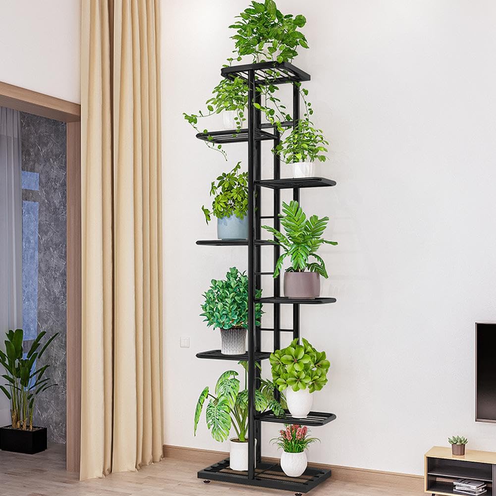 Supporto per piante Garvee, 8 ripiani, metallo, antiscivolo, mensola angolare impermeabile per soggiorno, balcone, giardino, nero