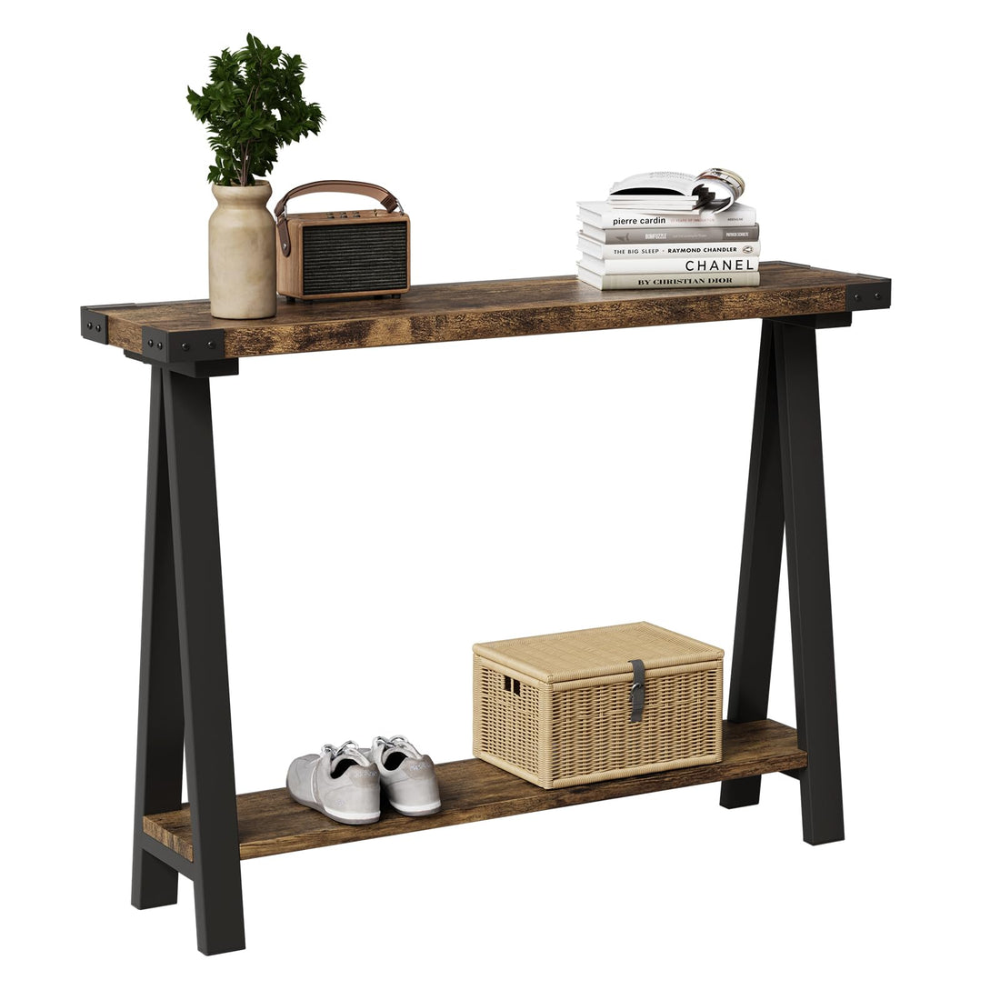 Tavolo da ingresso Garvee Farmhouse da 43,3 pollici con contenitore, 2 ripiani, struttura in metallo, MDF, marrone rustico, soggiorno, corridoio