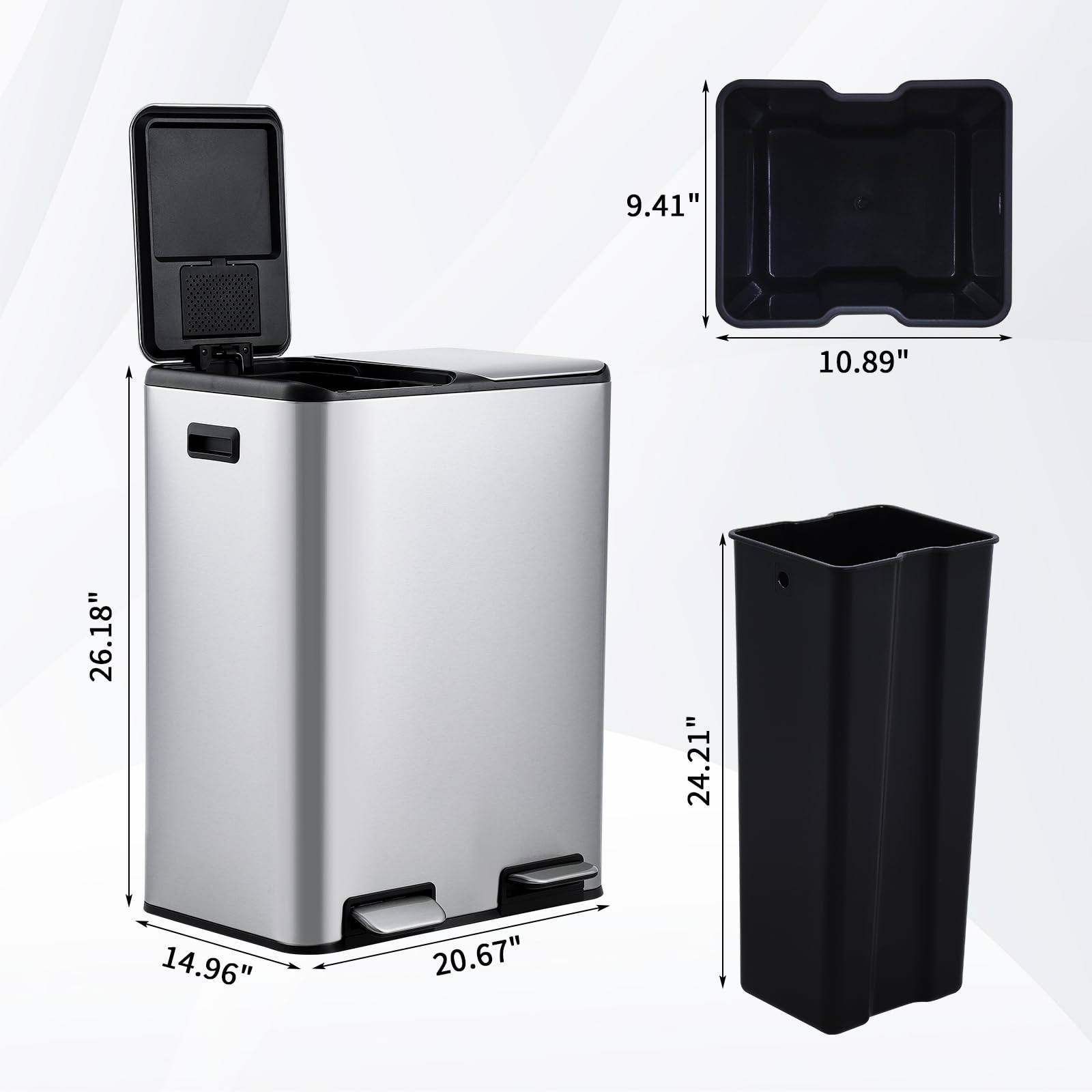 Pattumiera da cucina Garvee 2 x 30L in acciaio inox Sistema di separazione dei rifiuti Doppi scomparti Silenzioso Argento 60L