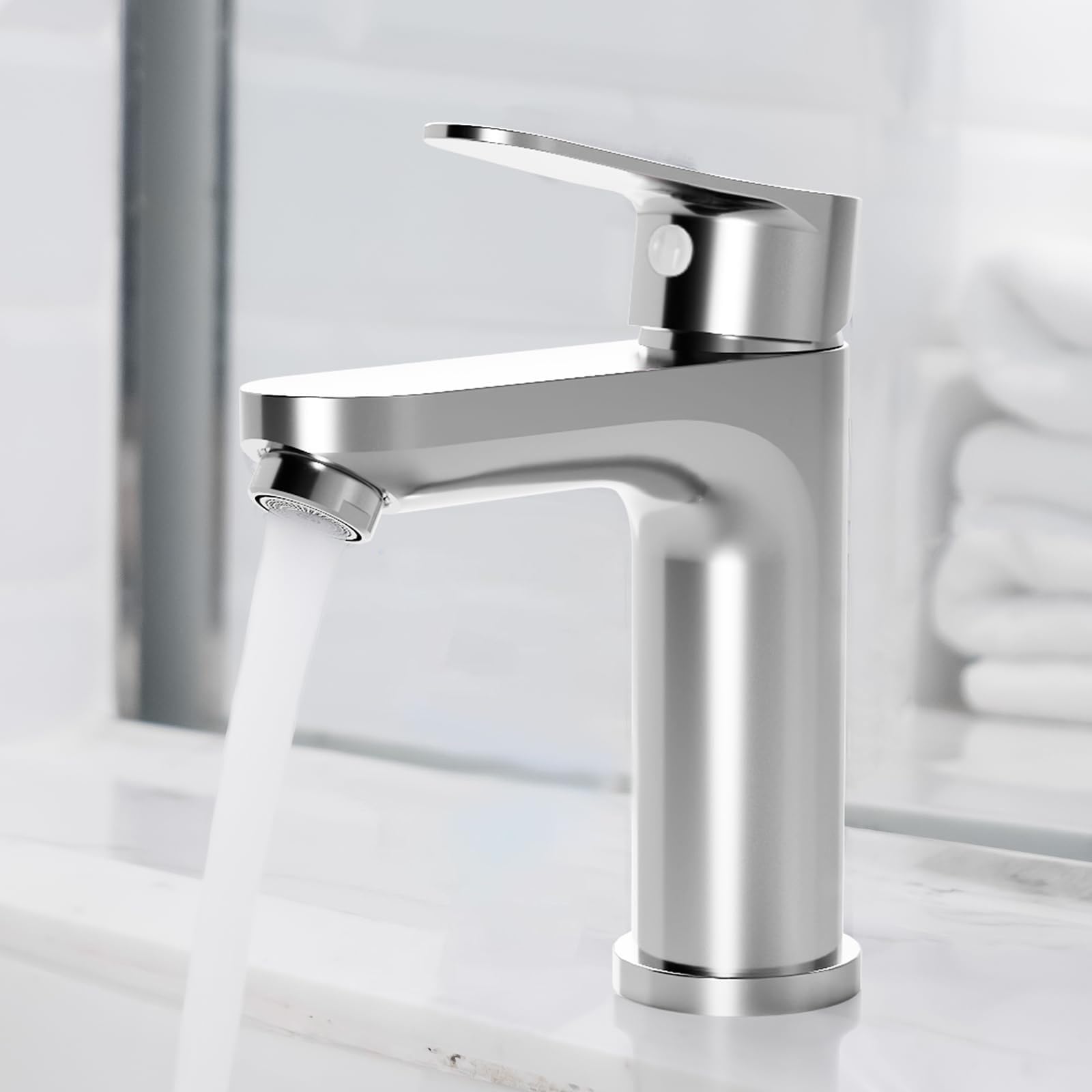 Miscelatore per rubinetto da bagno Garvee, altezza beccuccio 128 mm, finitura cromata, risparmio idrico per bagni moderni e servizi igienici per gli ospiti