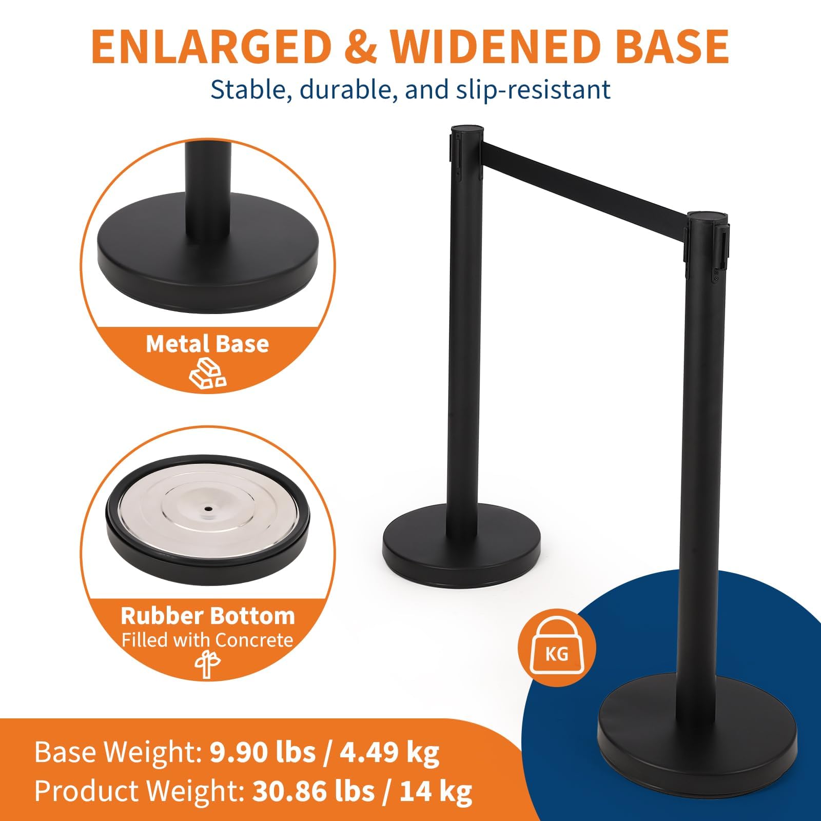 Garvee 2 pezzi Paletto di controllo della folla in acciaio inossidabile e ferro con cinghia a 4 vie per aree ad alto traffico Nero