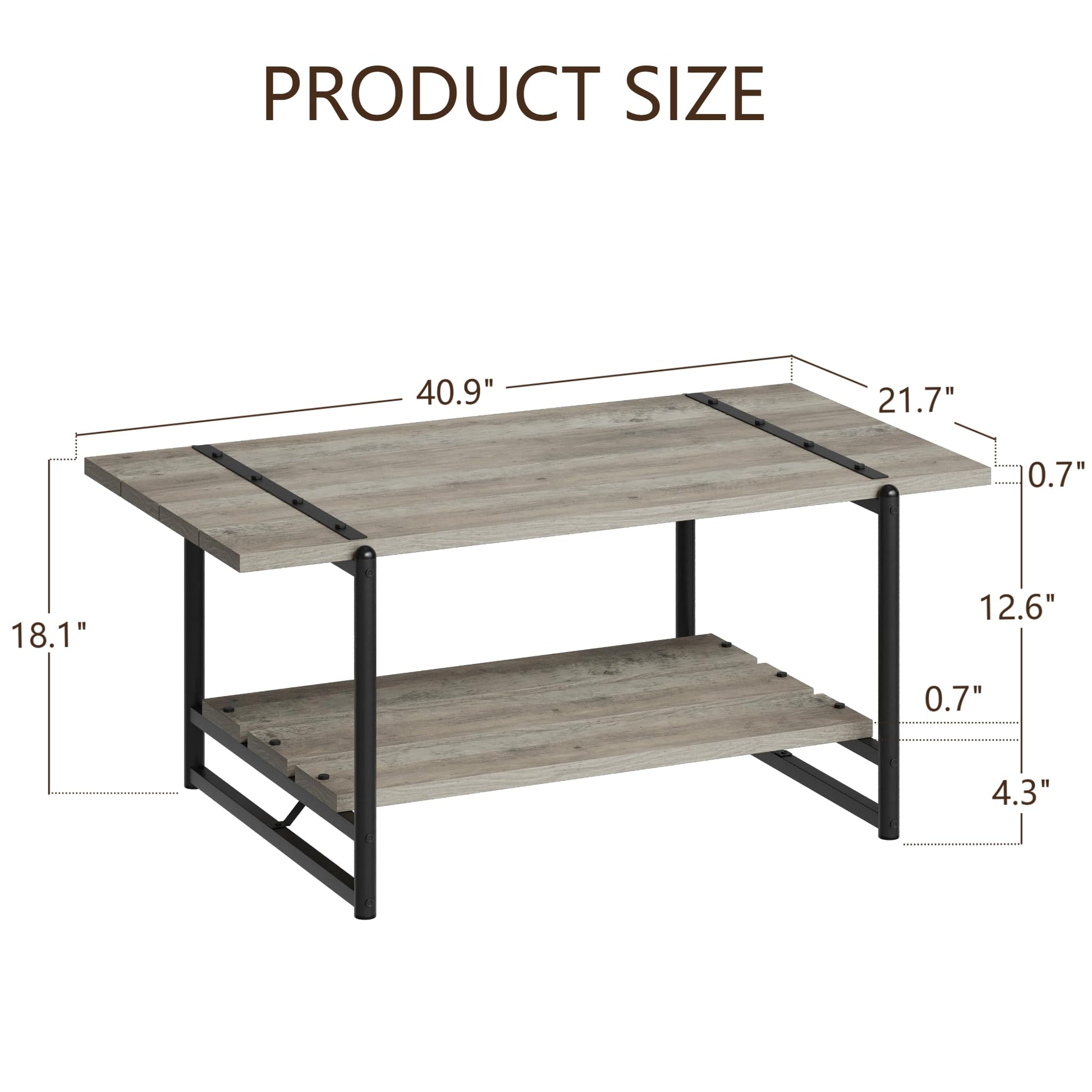 Tavolino da caffè Garvee a 2 livelli in stile rustico, 41'', in legno grigio con struttura in metallo per soggiorno e ufficio, stile rustico-moderno