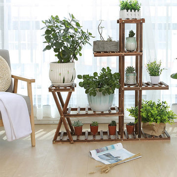 Supporto per piante in legno Garvee, 5 ripiani, 7 piattaforme, per uso interno ed esterno, 95x25x95 cm, naturale