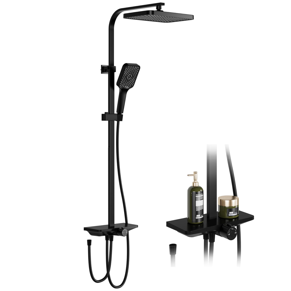 GARVEE Doccia a pioggia senza rubinetto con mensola – Colonna doccia regolabile in acciaio inox nero 30x20,5 cm