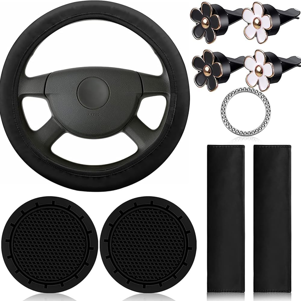 GARVEE Set di 10 accessori per auto in pelle nera per donna, coprivolante, cintura di sicurezza, spalline, portabicchieri, resistente, elegante, versatile