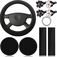 GARVEE Set di 10 accessori per auto in pelle nera per donna, coprivolante, cintura di sicurezza, spalline, portabicchieri, resistente, elegante, versatile