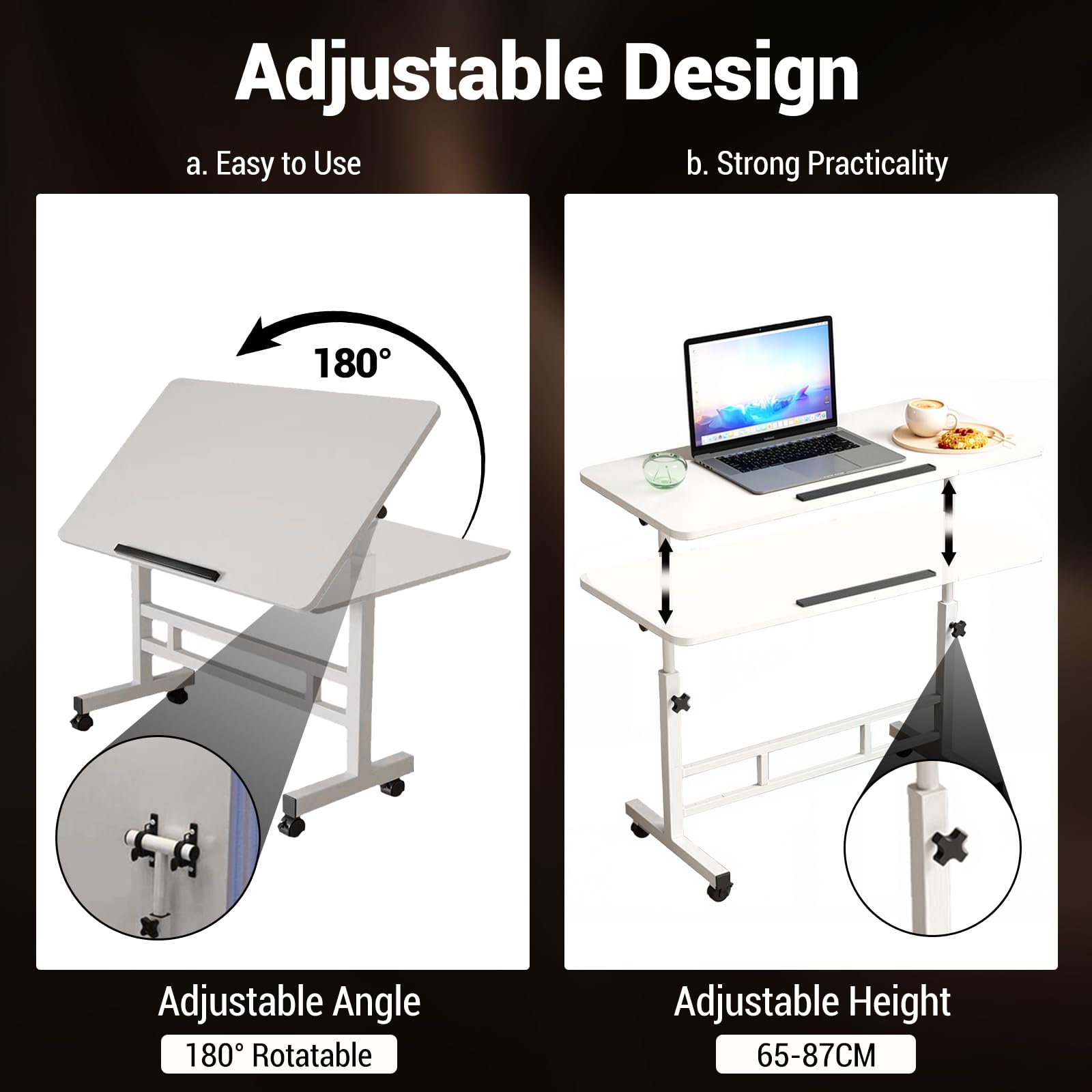 Scrivania regolabile in altezza Garvee con ruote, piano inclinabile, altezza 65-87 cm, struttura in acciaio, 40x60 cm, ufficio e soggiorno, nero