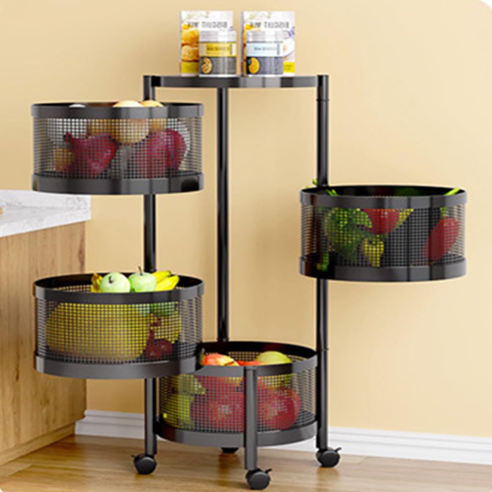 Carrello Garvee a 4 ripiani, cesto rotondo per frutta, portaverdure, carrello da cucina con ruote per cucina, bagno, soggiorno, 75 x ø30 cm, nero