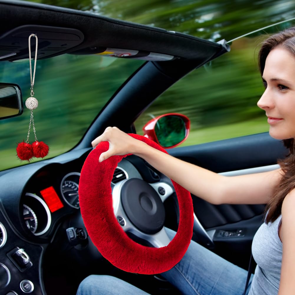 Garvee Coprivolante Soffice 6 Pezzi Accessori Auto in Peluche Rosso Invernale per Volante Freno a Mano Pomello del Cambio