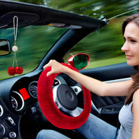 Garvee Coprivolante Soffice 6 Pezzi Accessori Auto in Peluche Rosso Invernale per Volante Freno a Mano Pomello del Cambio