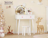 Garvee Tavolo Trucco Bambini Orso con Luci LED Regolabili, Specchio 3 Colori, Legno FSC, Cassetti Organizzati, Sgabello Fiore, per Camera Bambine - Bianco