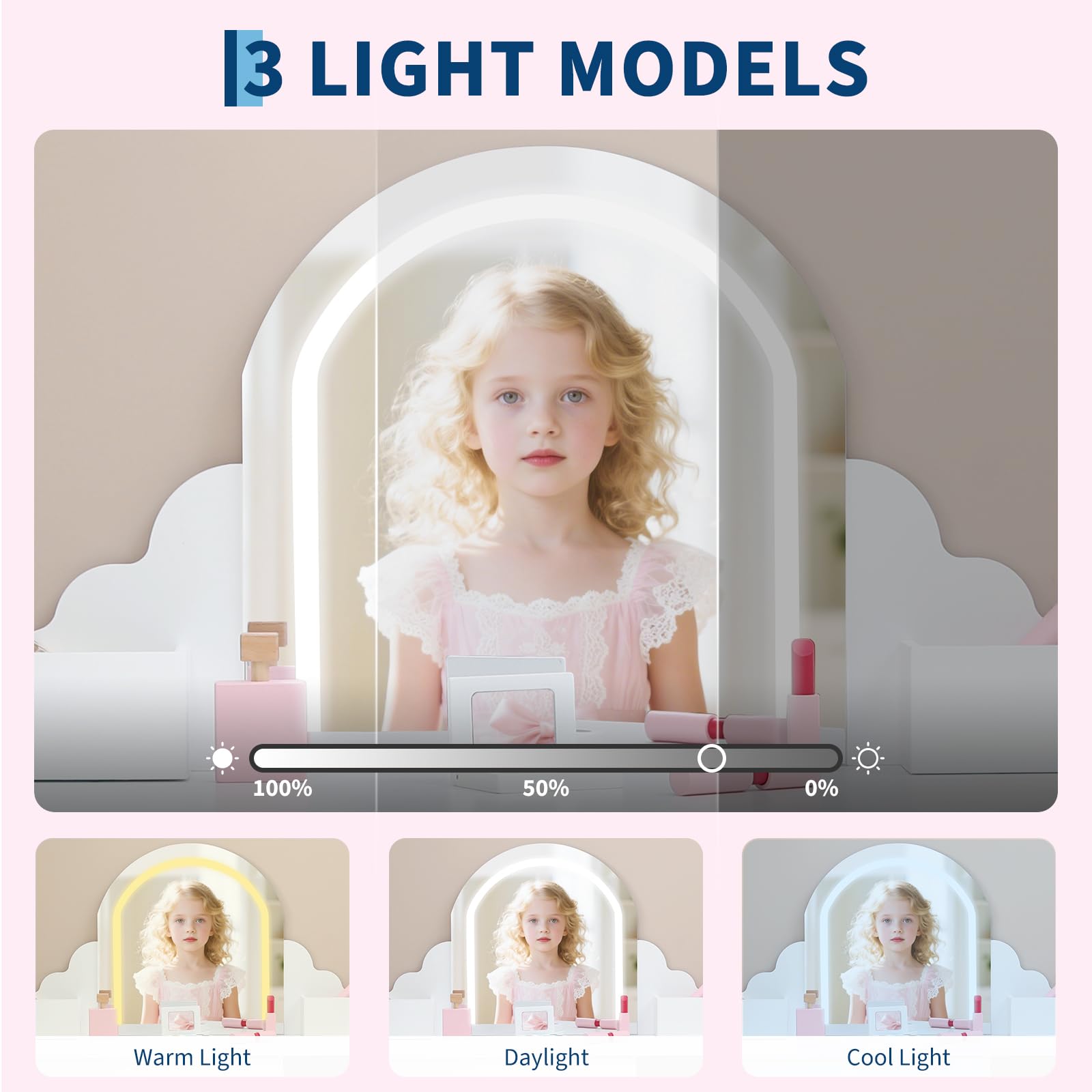 Tavolo la toeletta per bambini Garvee con luce LED e sgabello, luce regolabile, contenitore, MDF, bianco, per bambini da 3 a 9 anni, camera da letto e sala Giochi