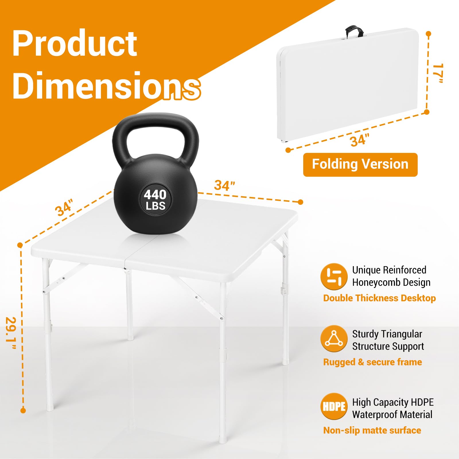 Tavolo quadrato pieghevole Garvee da 34" - Portatile, multifunzionale - Piano in plastica, struttura in metallo - Per campeggio, picnic, ufficio, feste - Bianco