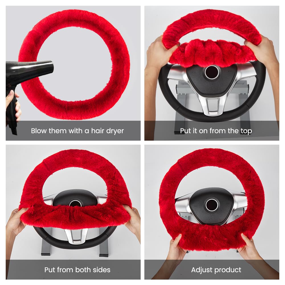 Garvee Coprivolante Soffice 6 Pezzi Accessori Auto in Peluche Rosso Invernale per Volante Freno a Mano Pomello del Cambio