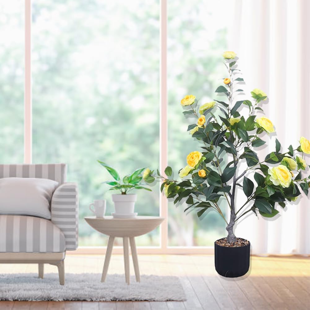Albero di camelia artificiale Garvee da 3 piedi con fiori realistici per uso interno ed esterno, bassa manutenzione, durevole, verde