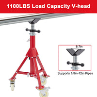 Supporto per tubi Garvee con testa a V, altezza regolabile da 28 a 52 pollici, pieghevole, acciaio, capacità di carico di 1100 libbre, con ruote, stabile, per saldatura, officina e industria