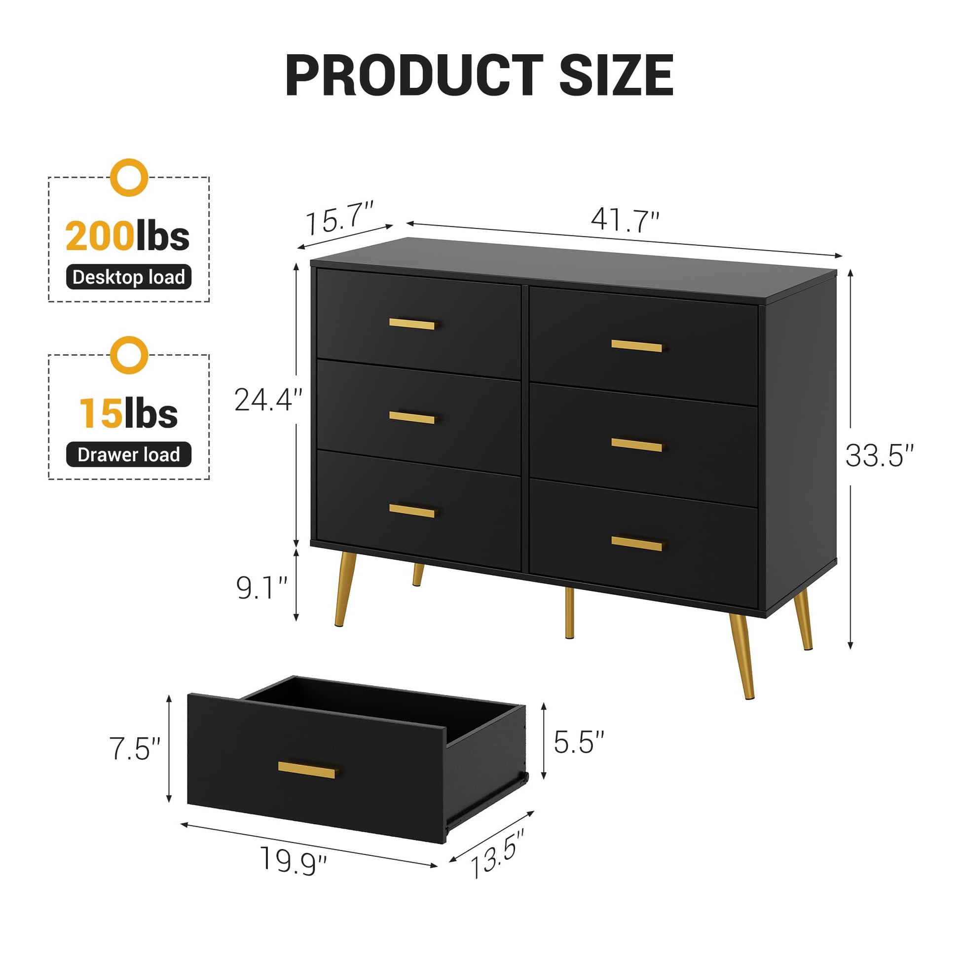 Cassettiera moderna Garvee a 6 cassetti con contenitore, in legno MDF, maniglie dorate per camera da letto e soggiorno, nera, versatile