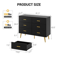 Cassettiera moderna Garvee a 6 cassetti con contenitore, in legno MDF, maniglie dorate per camera da letto e soggiorno, nera, versatile