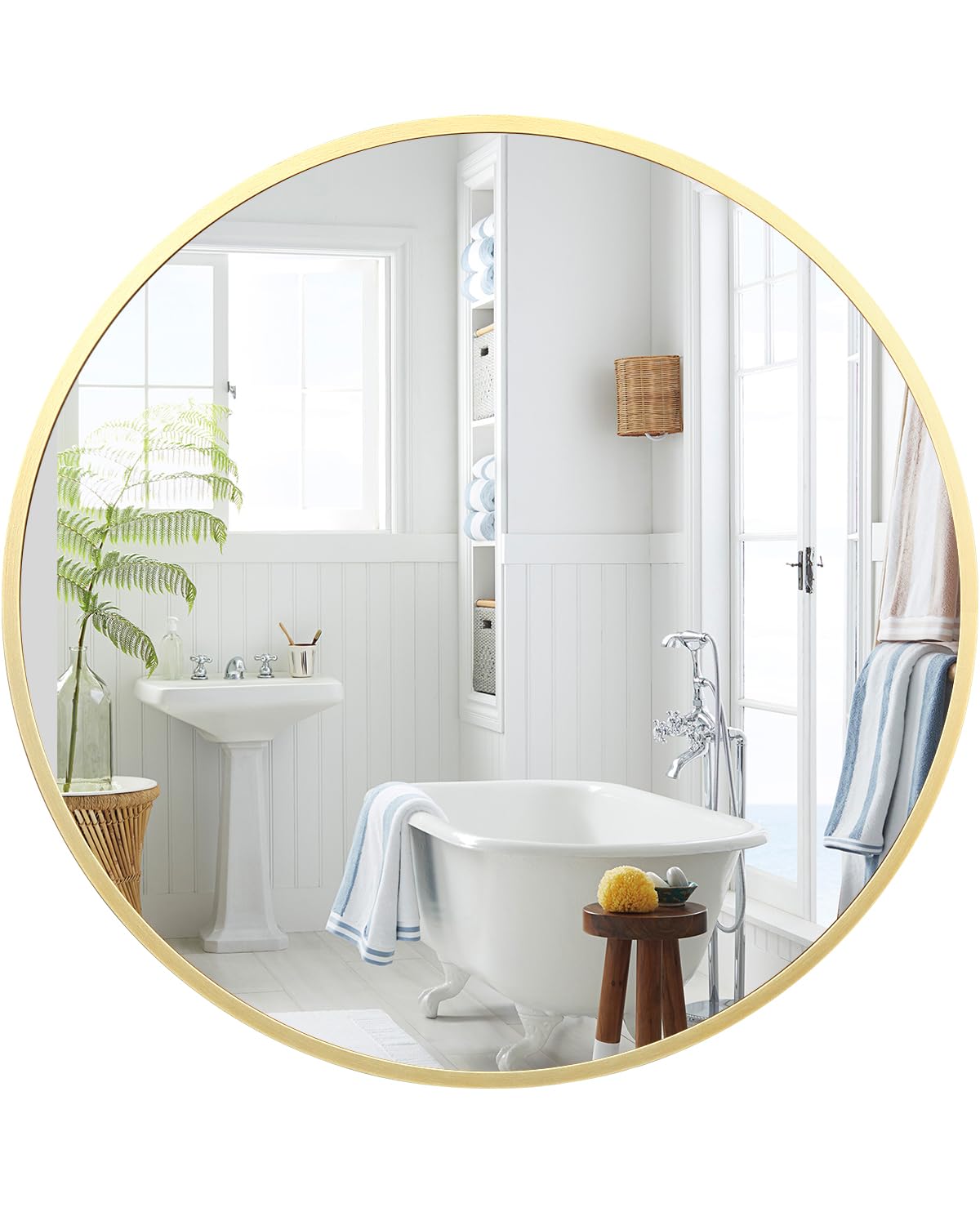 Specchio da bagno rotondo dorato Garvee da 24 pollici con vetro HD opaco e cornice in metallo, anti-distorsione, per il soggiorno