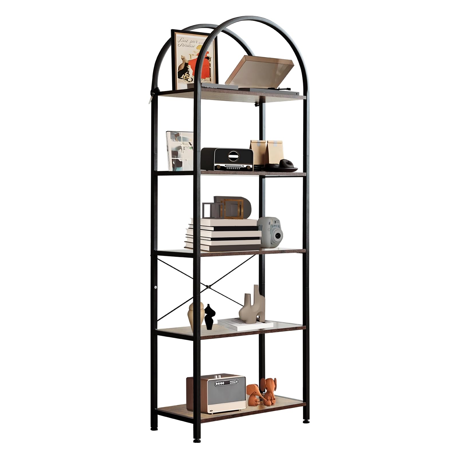 Libreria Garvee a 5 ripiani con arco, metallo robusto, grandi ripiani in legno per soggiorno e ufficio, 70,87" x 23,62" x 11,02", nero moderno
