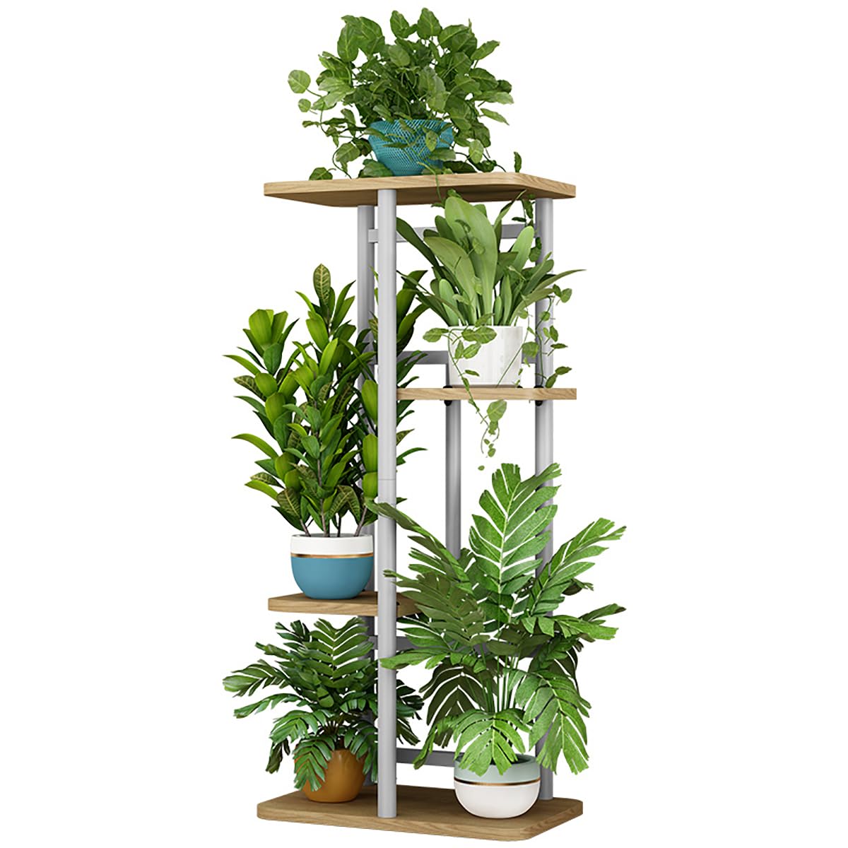 Garvee 5 Tier Hölzern Blumenregal Metall Pflanzenregal - Mehrschichtiges Design, Langlebiger Metallrahmen, Rutschschutz Für Balkon Garten Terrasse, Holzverstärkung, Mehrfarbig