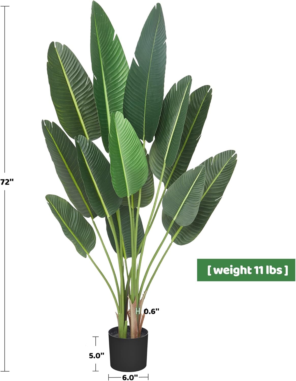 Albero artificiale di uccello del paradiso Garvee da 72 pollici con 13 tronchi, regolabile, resistente, vaso di cemento, decorativazione per interni/esterni, verde, alto 6 piedi