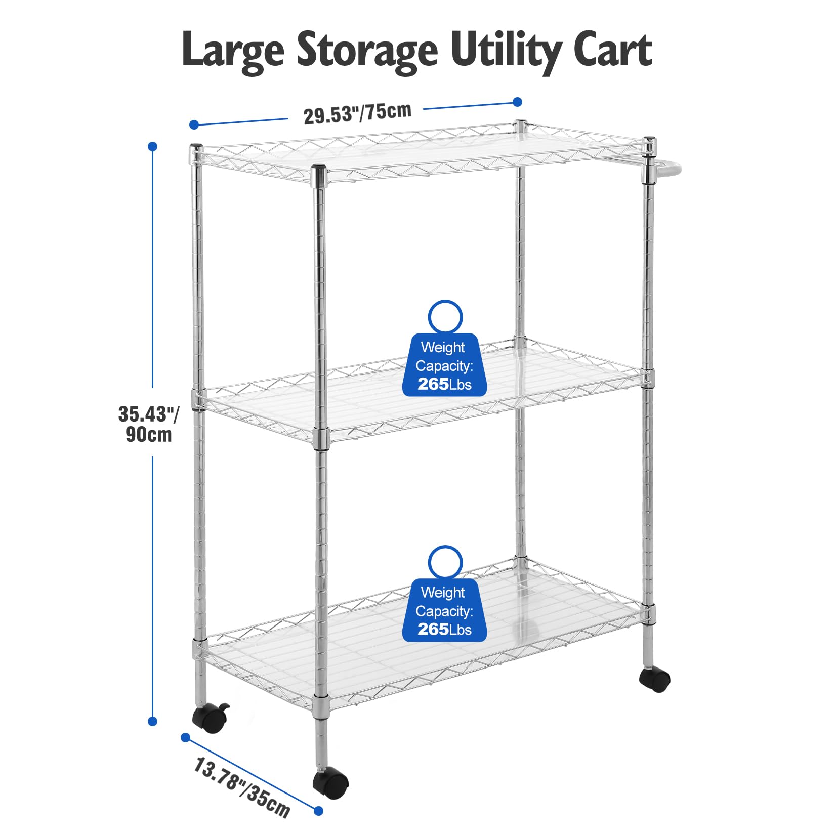 Carrello multifunzionale Garvee a 3 ripiani con ruote, ripiani regolabili, rete metallica, antiruggine, per cucina e uso commerciale, 75x35x90 cm, cromato