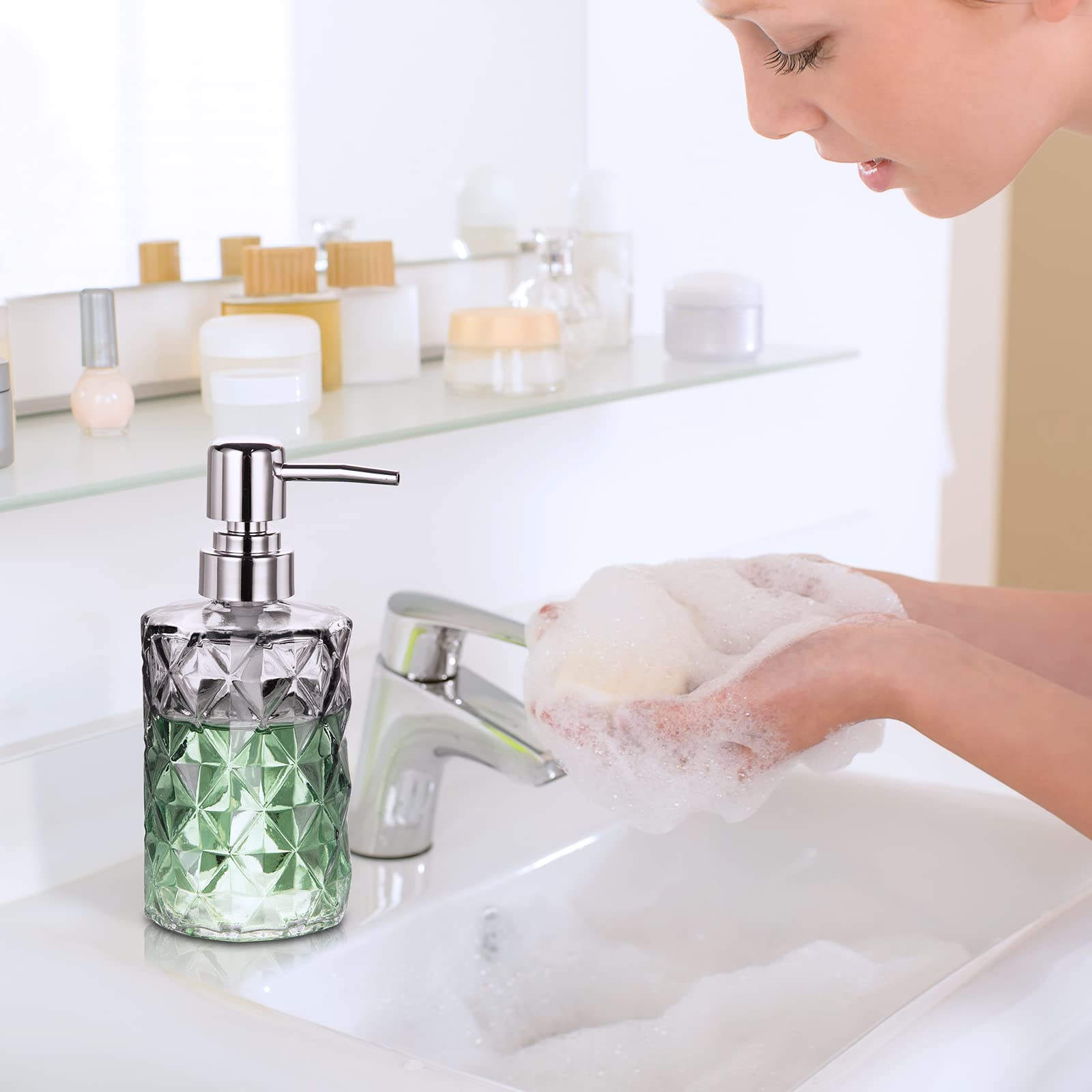 Garvee Set di 2 dispenser di sapone in vetro da 12 once con design a diamante, pompa in acciaio inossidabile, nero trasparente, per bagno e cucina