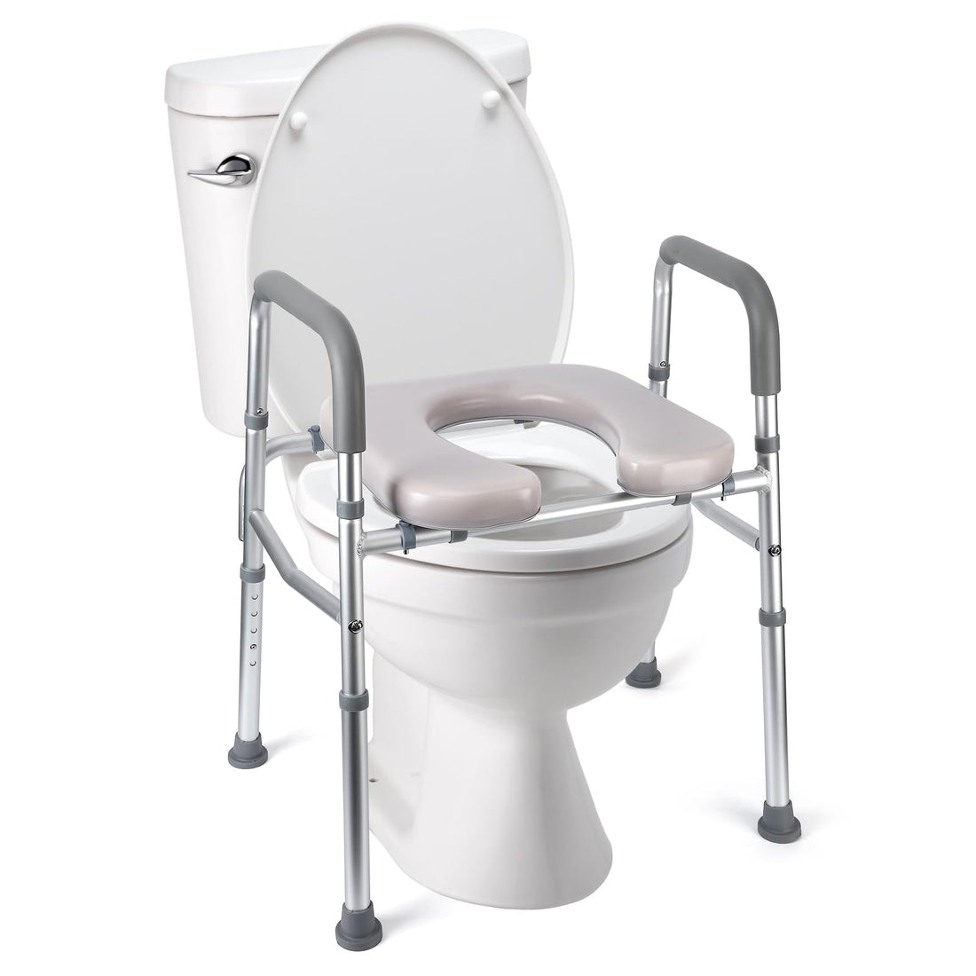 Sedile WC rialzato Garvee con telaio in alluminio, altezza regolabile, sedile imbottito, maniglie per anziani e disabili, 18-22 pollici, bianco