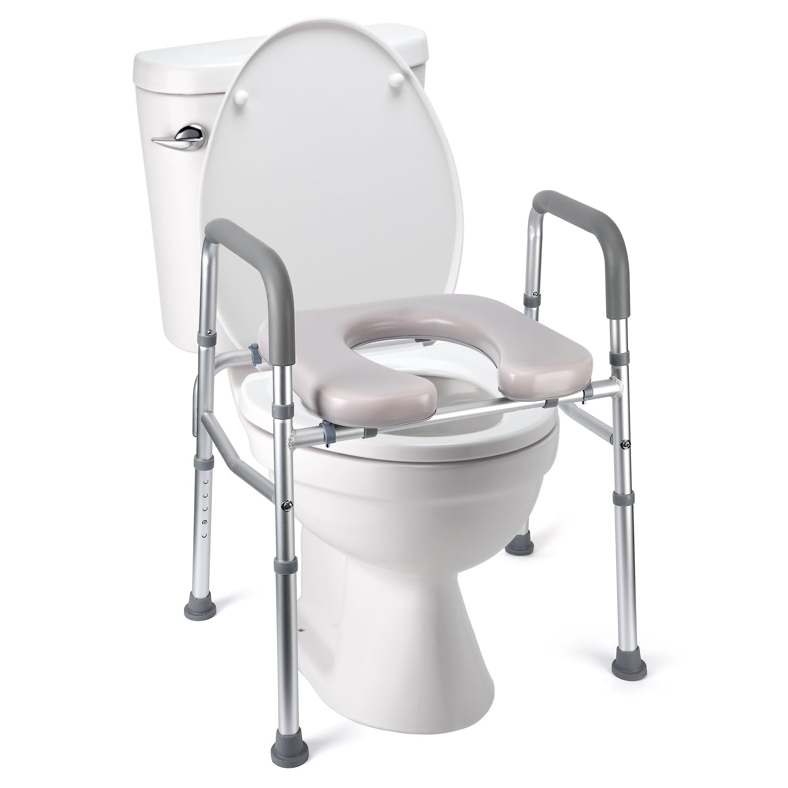 Sedile WC rialzato Garvee con telaio in alluminio, altezza regolabile, sedile imbottito, maniglie per anziani e disabili, 18-22 pollici, bianco