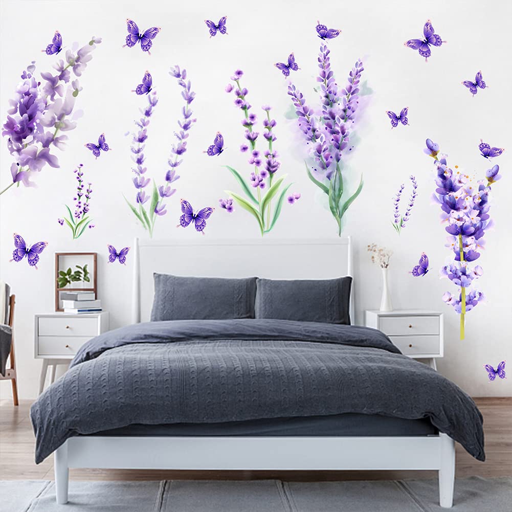 Garvee 2 fogli/set adesivi murali viola lavanda rimovibili a getto d'inchiostro per la decorazione del soggiorno, materiale in PVC, facili da usare, autoadesivi, superficie liscia