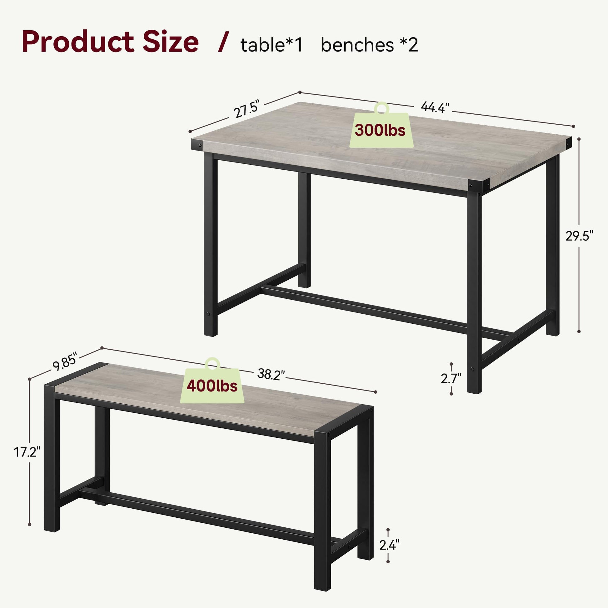 Set da pranzo Garvee per 4 persone con 2 panche, robusto MDF e acciaio, grigio, cucina e sala da pranzo, salvaspazio