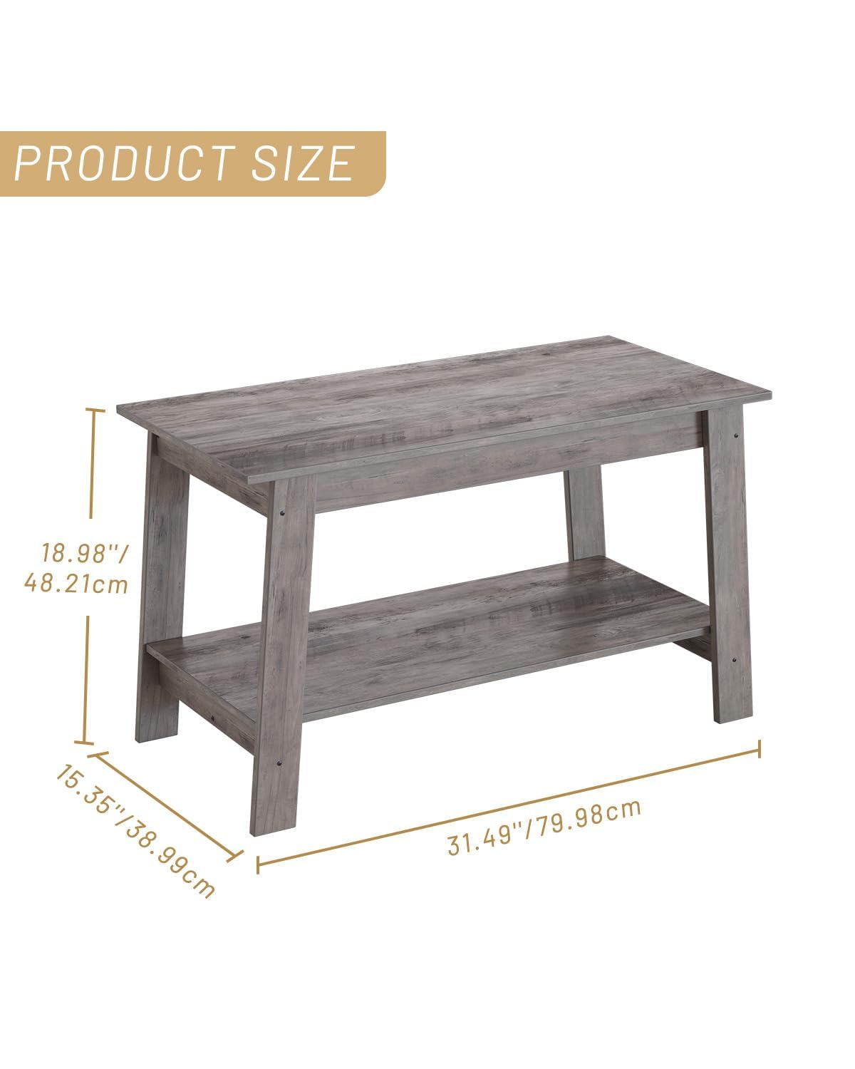 Tavolino da caffè industriale Garvee da 31,49" con 2 ripiani in legno rustico grigio per soggiorno e camera da letto salvaspazio stabile