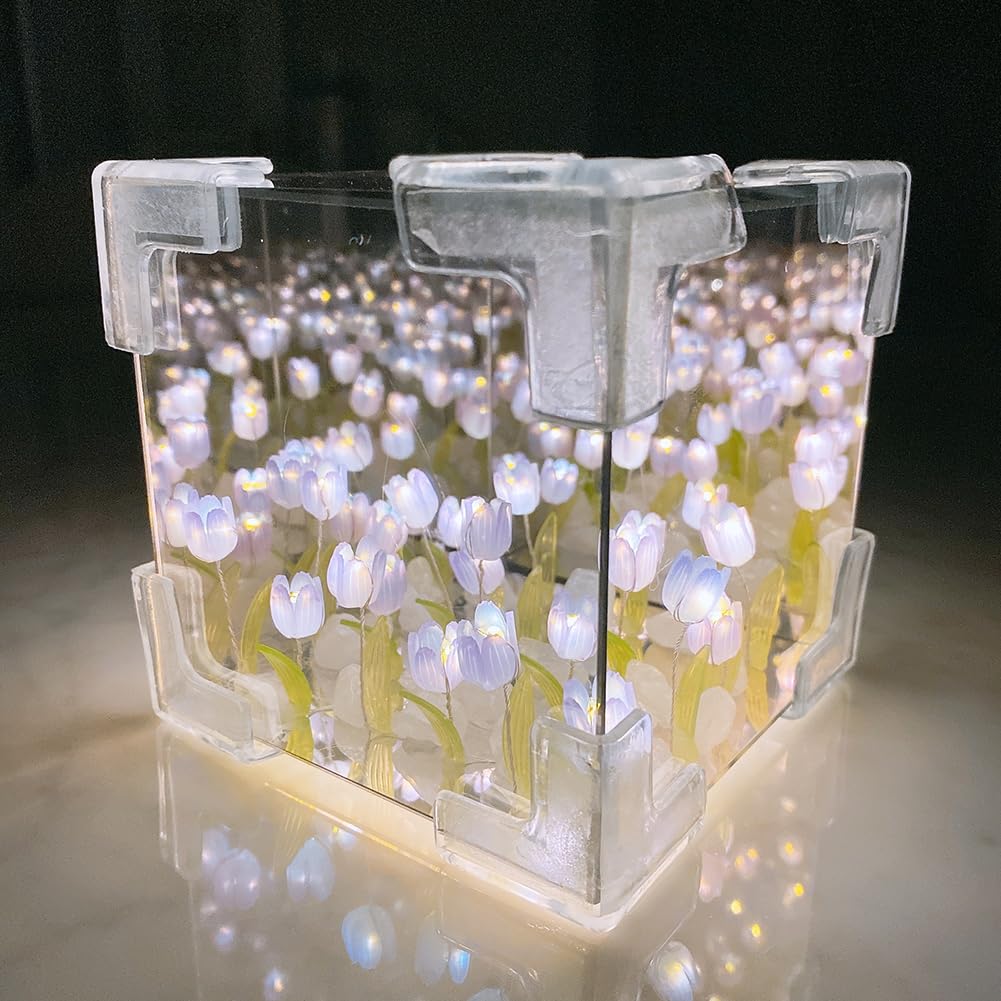 Lampada da notte Garvee Tulipanowa fai da te fatta a mano con motivo floreale quadrato, lampada da tavolo, ornamento, regalo per la camera da letto di donne e ragazze