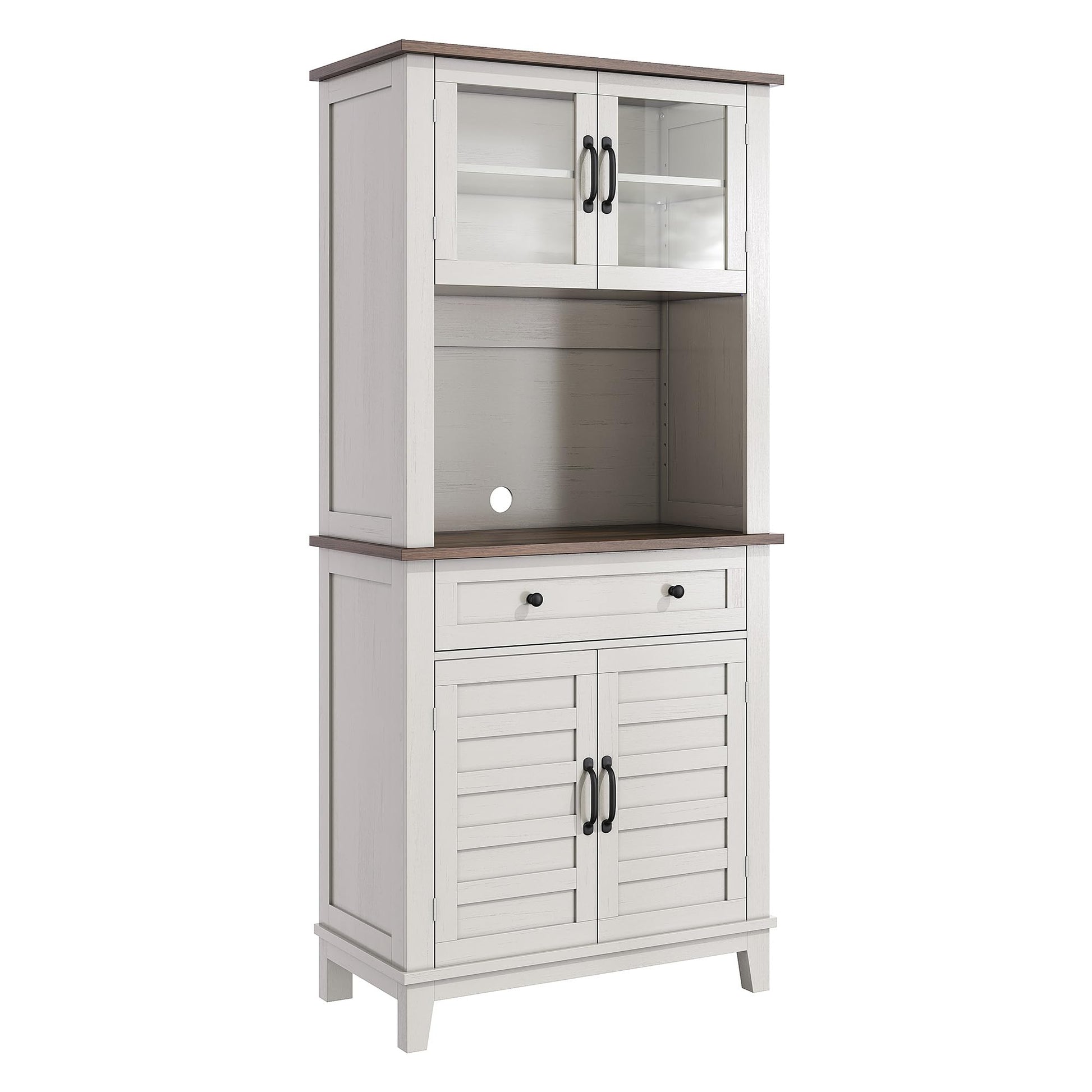 Mobile dispensa da cucina alto Garvee da 182.88 cm con scomparto per microonde, spazio di archiviazione, legno, cassetti, ante in vetro, bianco, sala da pranzo