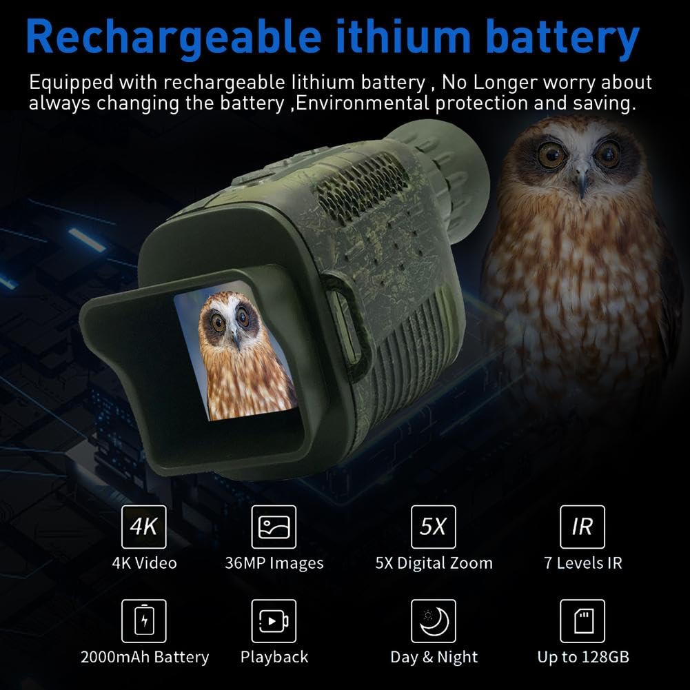 Monoculare per visione notturna Garvee 4K HD con IR da 850 nm per sorveglianza esterna, foto da 36 MP, batteria al litio, lunga distanza