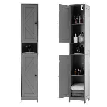 Mobiletto da bagno alto Garvee da 170 cm con 2 ante a battente e 1 cassetto, ripiani regolabili, legno massello, stile rustico, stretto, bianco, versatile per bagno e cucina