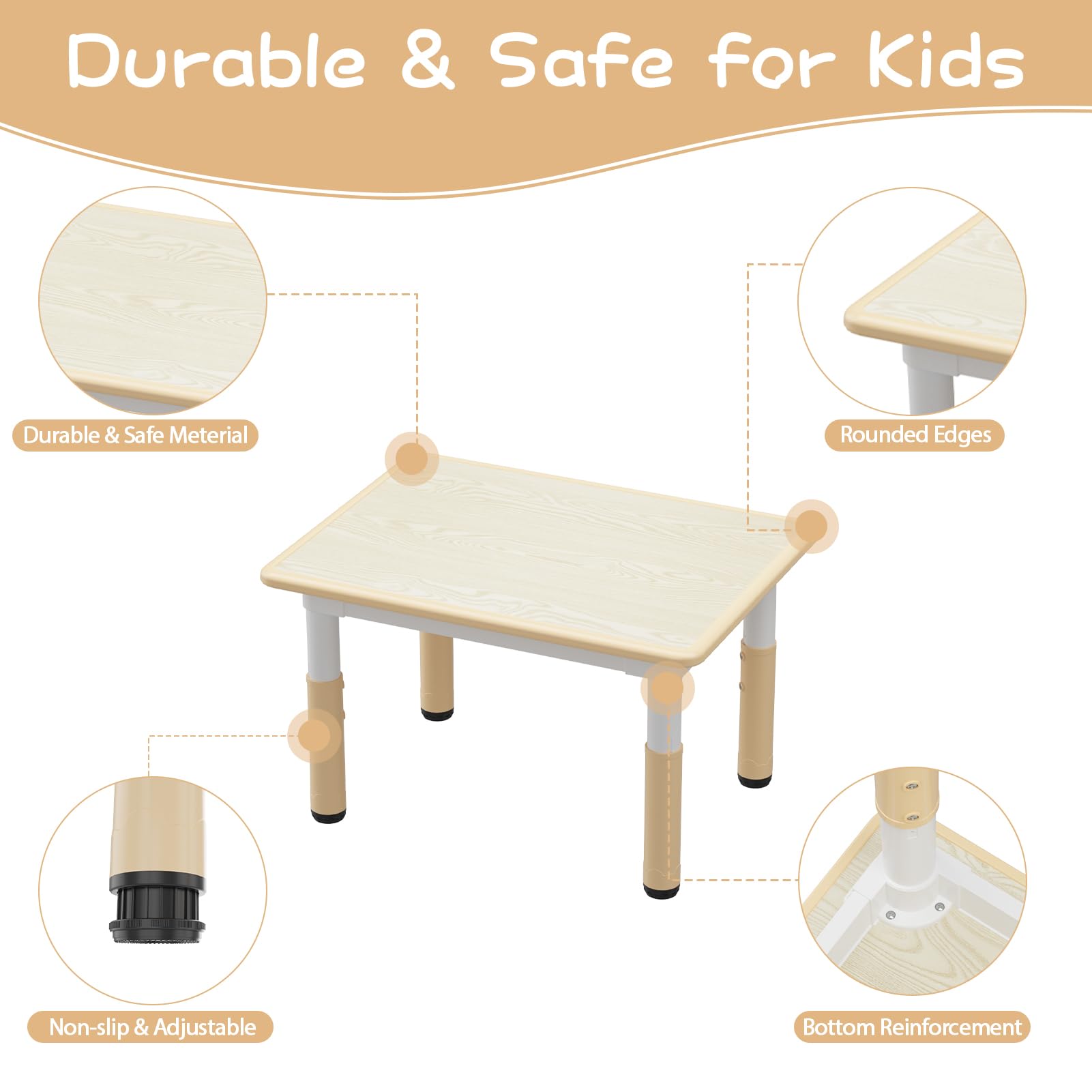Garvee Tavolo Bambini con 4 Sedie Regolabile Altezza, Piano Scrivibile, Piedi Antiscivolo, Legno Rovere, Casa e Scuola, Multicolore