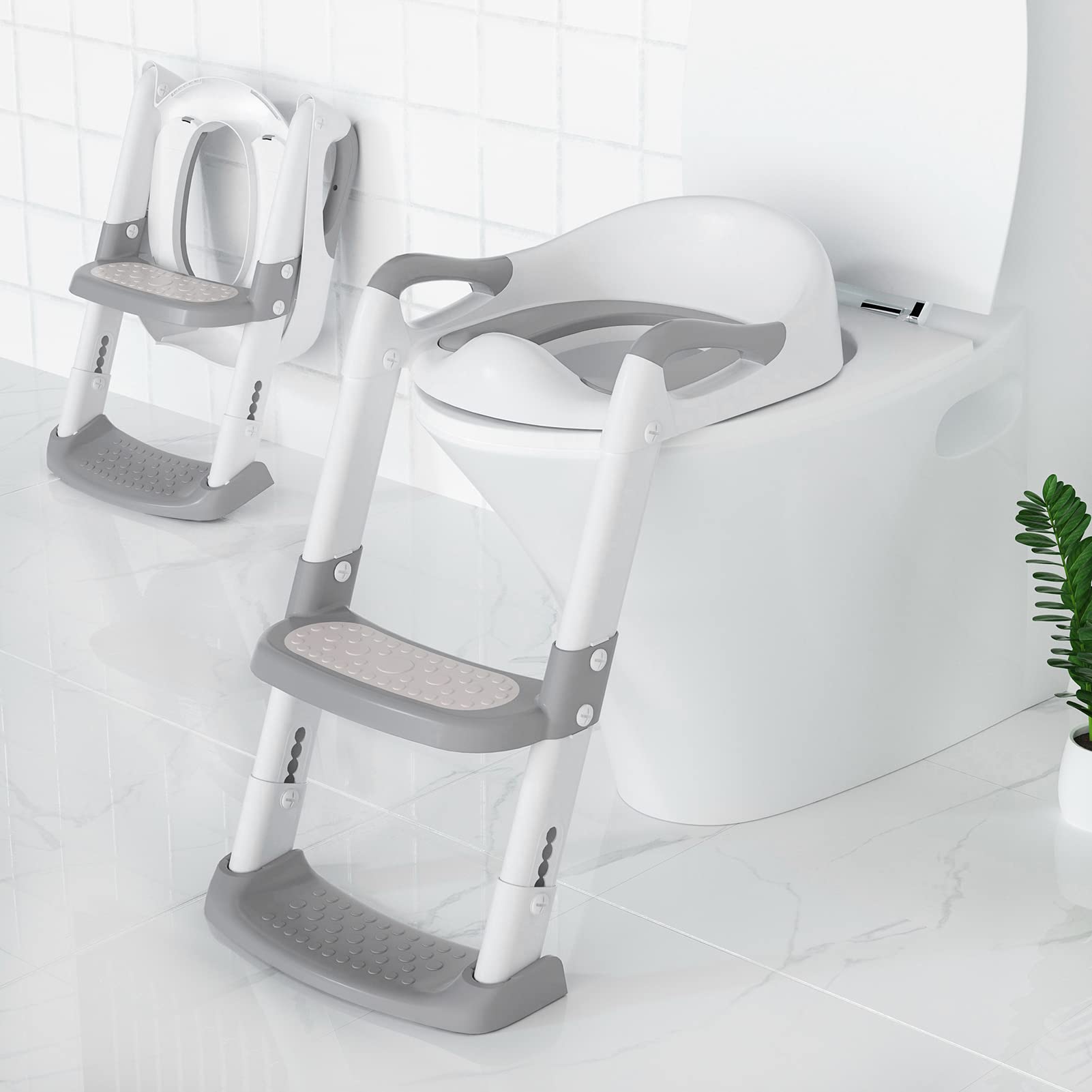 Sedile WC per bambini Garvee con gradini, altezza regolabile, pieghevole, imbottito in PU, antiscivolo, per bambini e bambine, bianco