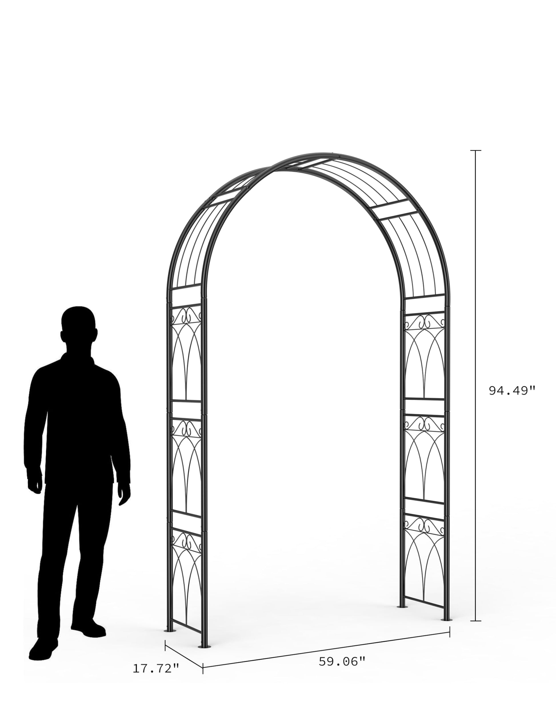 Arco da giardino Garvee da 8 piedi in acciaio, verniciato a polvere, resistente a tutte le intemperie, con picchetti per giardino e matrimoni, larghezza 150 cm, altezza 240 cm, nero