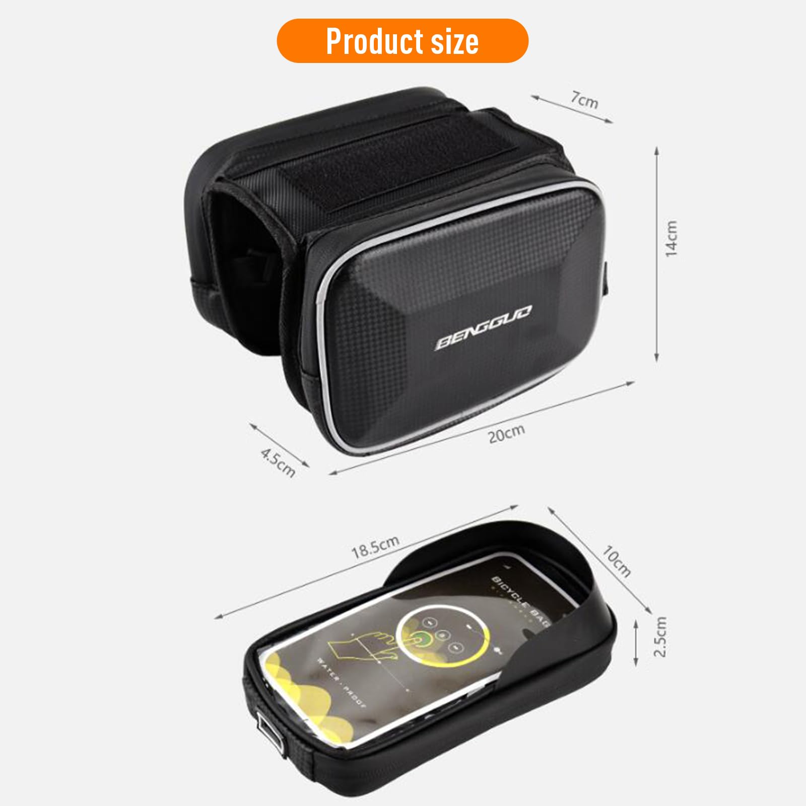 Garvee Sac de Cadre de Vélo Étanche Réfléchissant avec Support Téléphone TPU Sensible pour VTT et Cyclisme Urbain, Taille Adaptée Moins de 6,4 Pouces, Noir