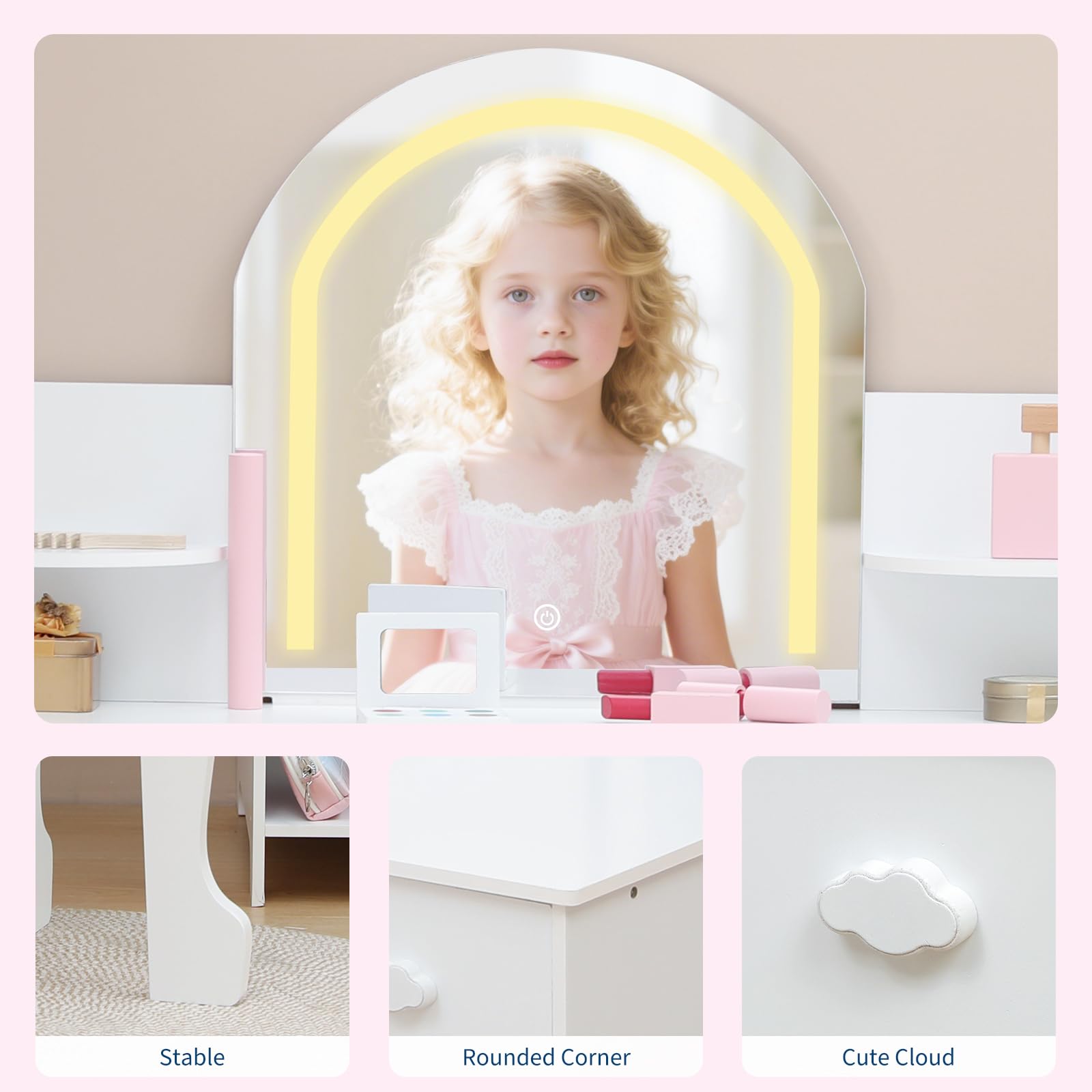 Tavolo da toeletta per bambini Garvee con luce LED e sgabello, regolabile, MDF, bianco, per bambine dai 3 ai 9 anni, sala giochi e camera da letto