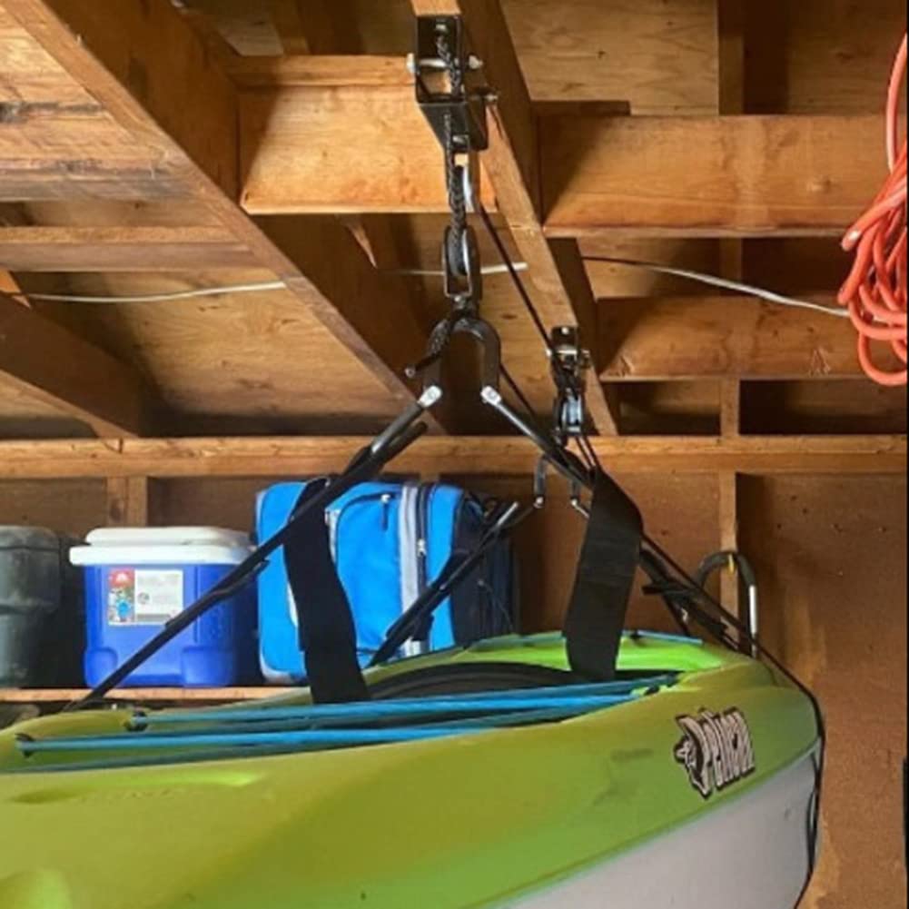 Sistema di carrucole da soffitto Garvee per kayak e canoa, capacità 120 libbre, per esterni, materiale durevole, cinghia di stoccaggio