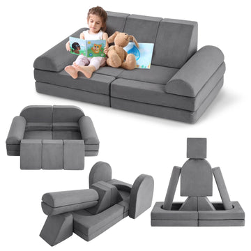 Divano modulare per bambini Garvee 10 pezzi, divano trasformabile in schiuma, microsuede di lusso, grigio scuro, gioco creativo nella cameretta dei bambini