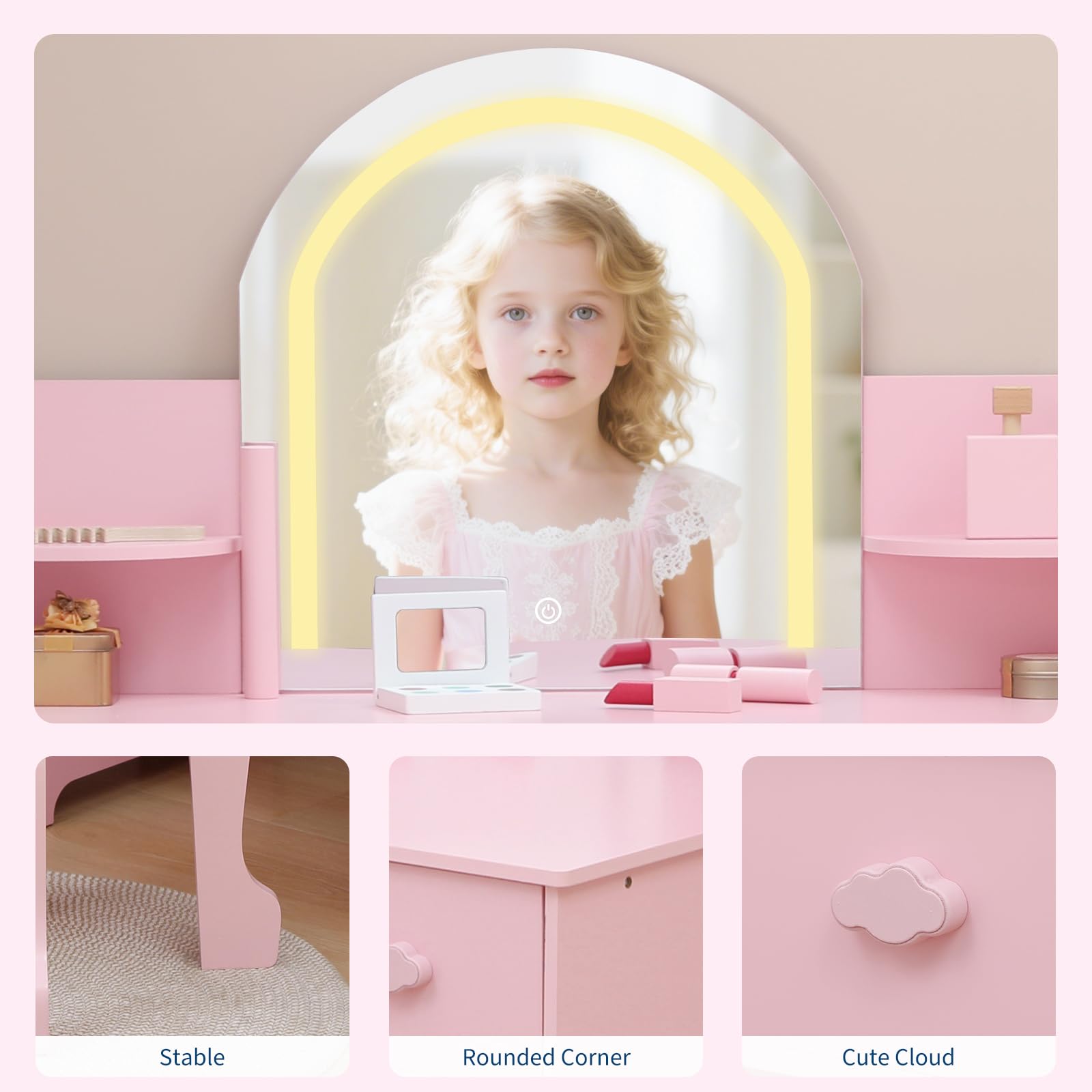 Tavolo da toeletta per bambini Garvee con luce LED, sgabello, libreria, MDF, rosa, per bambine dai 3 ai 9 anni, camera da letto e sala giochi