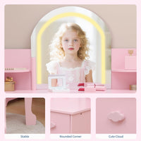 Tavolo da toeletta per bambini Garvee con luce LED, sgabello, libreria, MDF, rosa, per bambine dai 3 ai 9 anni, camera da letto e sala giochi