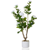 Garvee Albero Artificiale Camelia 90 cm Con 16 Fiori Bianchi Foglie Realistiche Vaso Testurizzato Bianco Per Interni Ed Esterni - 