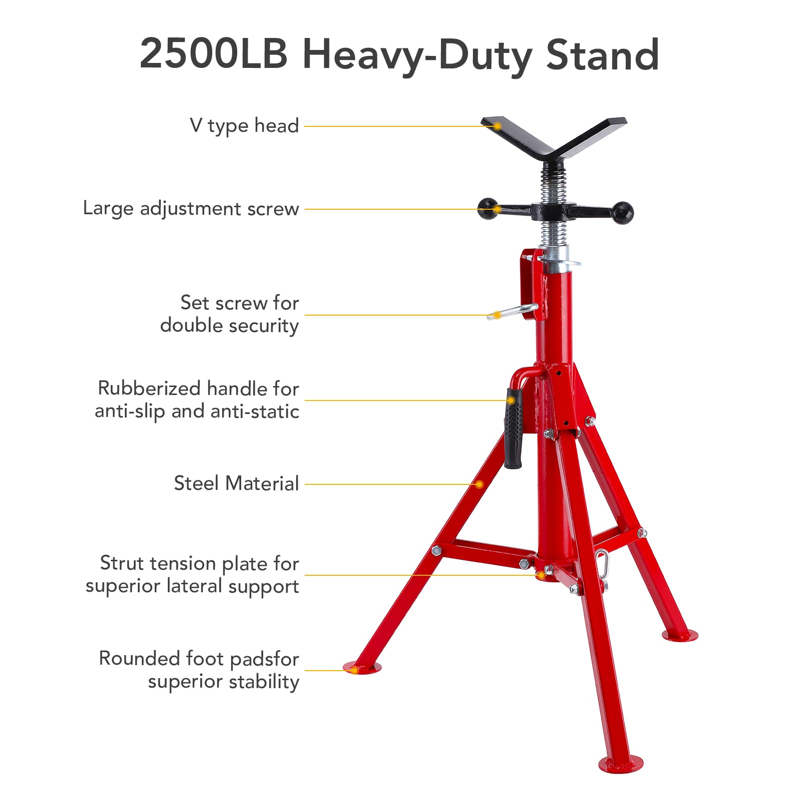 Garvee Supporto Per Tubi Regolabile 28-52" Capacità 2500LB, Testa A V Industriale, Struttura Pieghevole In Acciaio Resistente, Gambo Bloccabili, Ideale Per Officine E Cantieri