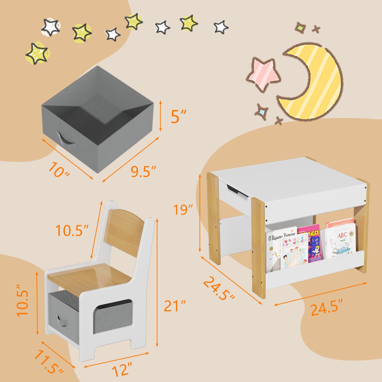 Garvee Set Tavolo e Sedie per Bambini 4 in 1 Tavolo Attività con Contenitore, Legno, Multifunzionale, Sicuro, per la Cameretta dei Bambini